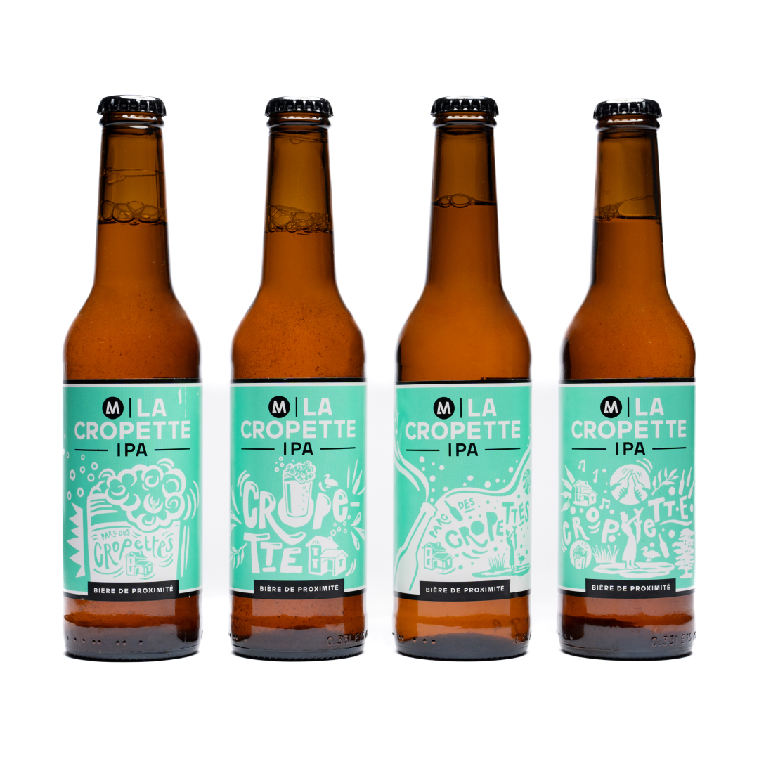 Pack de bières artisanales La Cropette IPA, un hommage rafraîchissant au parc des Cropettes à Genève. Des étiquettes vert menthe pleines de bonne humeur, pour une expérience locale et authentique !