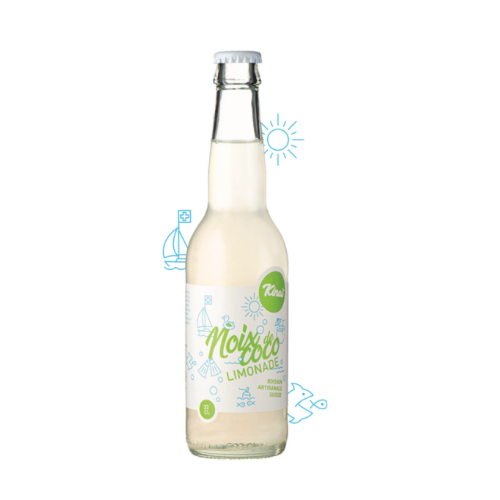 Limonade artisanale Kìna à la noix de coco, avec une étiquette fraîche aux illustrations marines. Une boisson désaltérante qui vous transporte instantanément sous les tropiques !