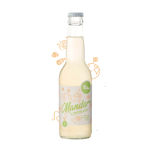 Limonade artisanale Kìna à la mandarine, avec une étiquette dynamique aux motifs d'exploration. Un véritable zeste de fraîcheur pour réveiller vos papilles !