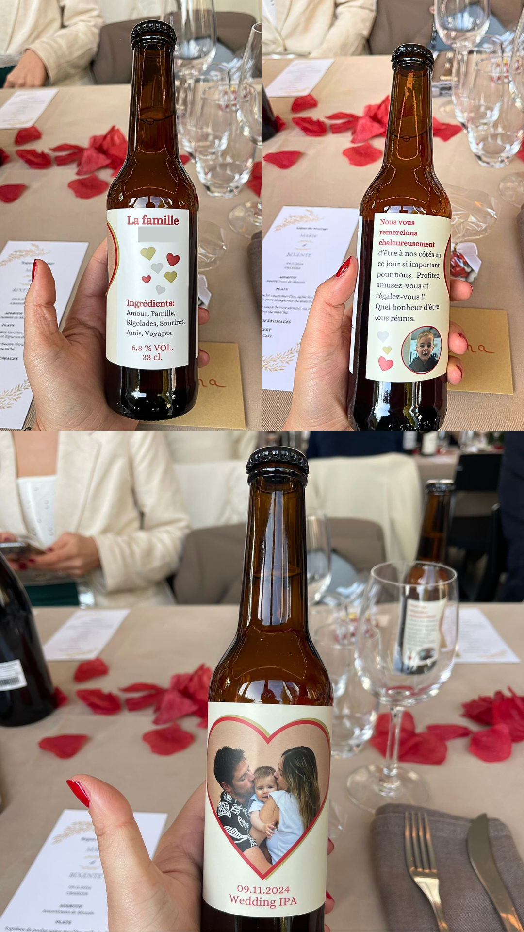 Bouteilles de bière Wedding IPA personnalisées avec des photos de famille et des messages d'amour, offrant une touche unique et festive lors d'un mariage élégant à Genève.